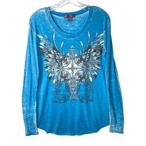 Panhandle Slim Women XL Blue Rock & Roll Cowgirl Rhinestone Long Sleeve Shirt